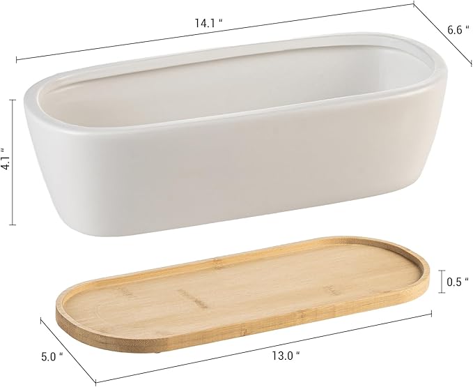 MyGift 14 Inch Oval Modern Matte White Ceramic Succulent Planter Pot with Drainage Hole and Removable Bamboo Saucer, Decorative Indoor House Plant Container for Flowers, Cactus, Herbs