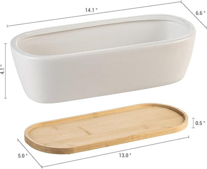 MyGift 14 Inch Oval Modern Matte White Ceramic Succulent Planter Pot with Drainage Hole and Removable Bamboo Saucer, Decorative Indoor House Plant Container for Flowers, Cactus, Herbs