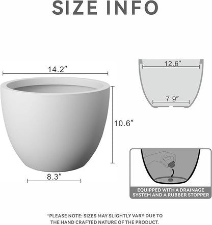 Kante 14.2 Inch Round Concrete Planter - Classic Large Indoor/Outdoor Plant Pot with Drainage Hole and Rubber Plug, Suitable for Gardens and Patios, White