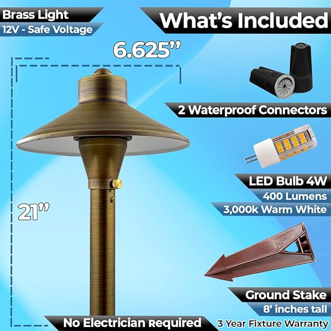 LED Low Voltage Pathway Lights 121- Solid Brass Outdoor Landscape Lights for Garden Pathway & Driveway Outdoor Lighting, 12V Landscape Lighting with Ground Stake & G4 LED Bulb (1 Pack Wide Top 8-1/2")