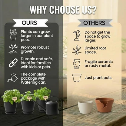 Indoor Garden Kit - Plant Pots with Drainage, Watering Can & Tools - Ideal Windowsill Planter Set - Modern Home & Kitchen Decor Gift - Black