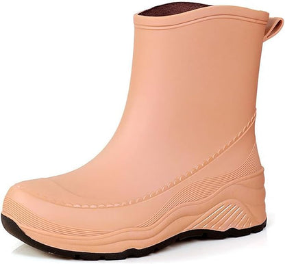 Women'S Chunky Platform Rain Ankle Boot Fashion Comfort Round Toe Waterproof Anti-Slip Thick Sole Pull On Garden Chelsea Rain Boots for Outdoor Work Booties