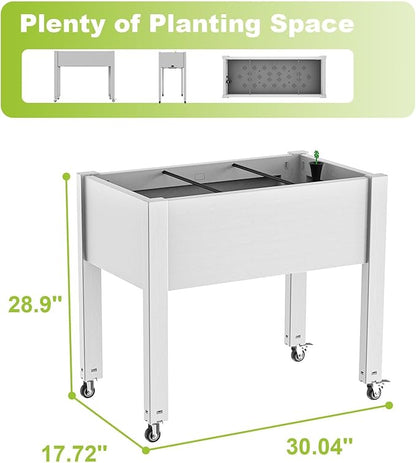 Raised Garden Bed with Legs, 28.9" Tall Elevated Garden Bed with Wheels, Drain Plug & Water Monitor Design, Outdoor Planter Box for Plants Vegetables Flowers Fruits(Ashen)