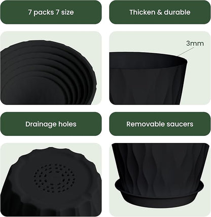 7/6.5/6/5.5/5/4.5/4 inch Plastic Plant Pots, 7 Pack Flower Planter for Indoor Outdoor Plant, Planters with Drainage Holes and Trays (Black)