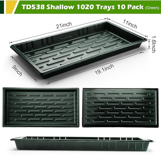 10 Pack Heavy Duty 1020 Trays No Holes - 1.6 Inch Deep Shallow Nursery Flats, Reusable Seed Starter Trays for 72/128 Cell Inserts, Microgreens, Seedling and Hydroponics (Dark Green)
