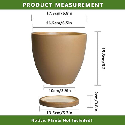 6.8 Inch Planter - Ceraimc Pots for Indoor Outdoor Plants Round Planters Modern Flower Pot with Drainage and Tray Home Garden Decor Brown