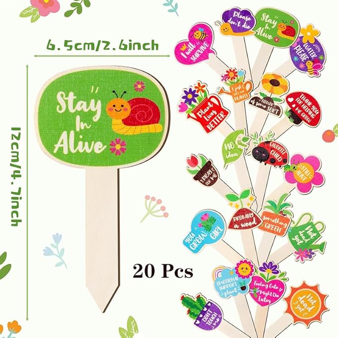 20pcs Funny Wooden Plant Markers,Garden Markers for Succulent Flowers, Plant Sticks Labels Tags Name Stakes, Spring Wood Garden Signs for Flower Greenery Succulent Potted