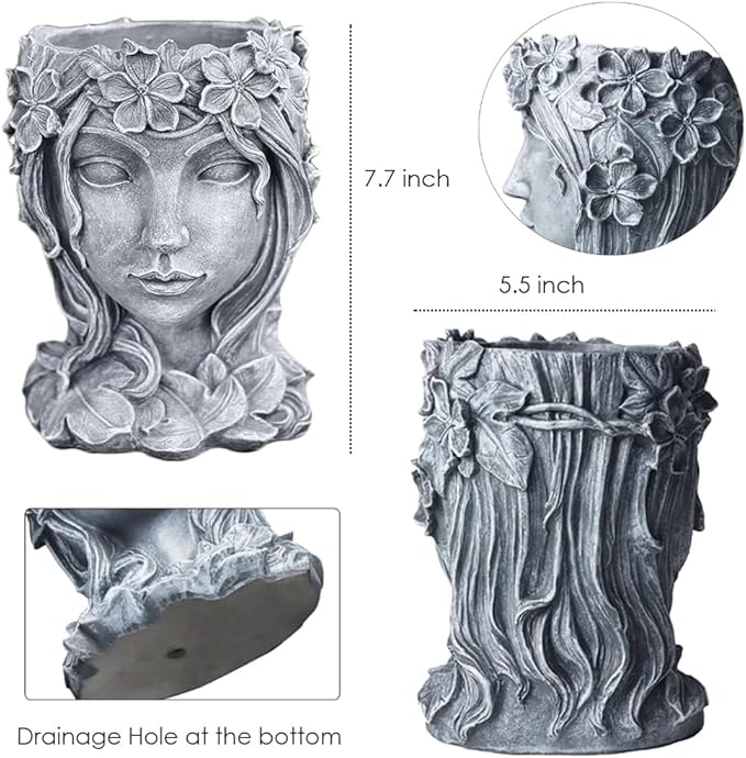 Head Planter Face Flower Pot Goddess Statue Plant Pot Decorative Girl Portrait Planter Indoor Outdoor Girl Face Flower Vase Container Planter (Gray)