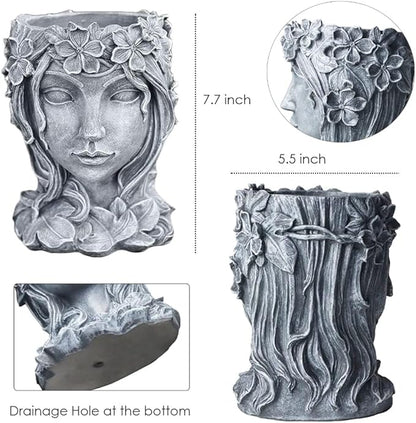 Head Planter Face Flower Pot Goddess Statue Plant Pot Decorative Girl Portrait Planter Indoor Outdoor Girl Face Flower Vase Container Planter (Gray)