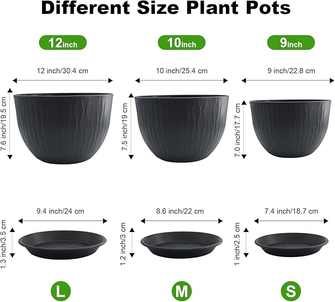 12/10/9 inch Plant Pots, 3 Pack Flower Pots for Outdoor Indoor Garden Plants, Large Planters with Multi Mesh Drainage Holes and Saucer (Black, 12"+10"+9")