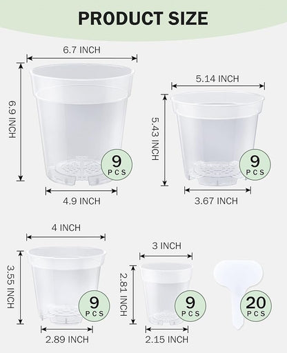 homenote Clear Nursery Pots for Plants,3/4/5/6.7 Inch Plant Pot for Planting Plastic Seedling Pots with Drainage Holes Seed Starter Pot Flower Pots High Transparency with 20 Plant Labels (36 Pack)