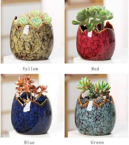 YYW Succulent Pots, 4 Pack Ceramic Planters for Indoor Plants in, Dragon Egg Broken Shell Design Flower Pots with Drainage Hole, Stylish Plant Pots,Home Office Decor (Four Piece)