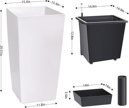 GAOMON 30" Tall Planter Set of 2,Heavy Duty Tall Planter,High Front Porch Planter Pots with Drainage Holes＆Water Level Monitor＆Inner Bucket, Automatic Watering,Indoor/Outdoor Grande Plant,Tree,White…