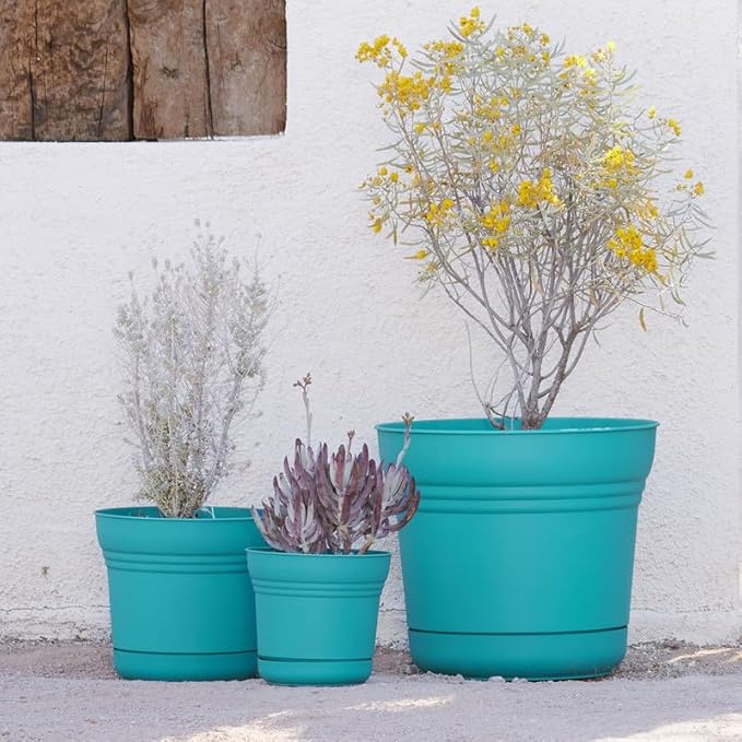 Bloem Saturn 10" Bermuda Teal Round Resin Planter Pot with Snap-in Saucer for Indoor and Outdoor Gardening