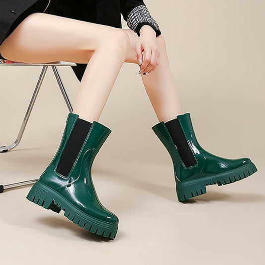 Women'S Waterproof Lug Sole Rain Boots Fashion Elastic Slip On Comfortable Platform Chunky Heel Chelsea Ankle Boots Casual Outdoor Non-Slip Rubber Garden Booties