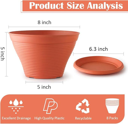 8 Pack 8 Inch Plant Pots with Saucers, Plastic Flower Pots with Drainage Holes, Large Planters for Indoor Outdoor Garden, House Plants, Flowers, Herbs, Gardening Gifts, Pottery Red