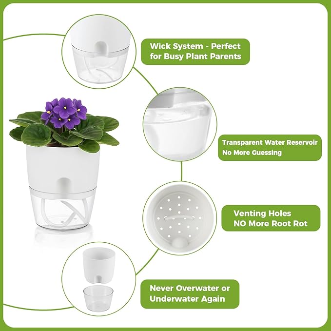 6 Pack Self Watering Pots for Indoor Plants, PlanterHoma 3.2/4/6 Inch Plant Pot Plastic Self Watering Planter for Orchid, African Violet, Small Clear Flower Pots with Drainage Holes and Wicking, White