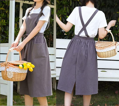 Cute Retro Cotton Linen X-Back Aprons Home Kitchen Garden Art Painting Pinafore Florist Shop Overalls