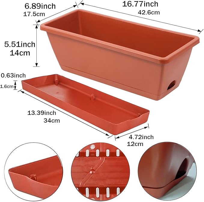 Sohapy 7 Pack Window Box Planter, 17 Inches Plastic Flower Vegetable Planters Boxes with Drainage Holes and Trays Rectangular Flower Pots for Indoor Outdoor Garden, Patio, Home Decor (7, Brick RED)