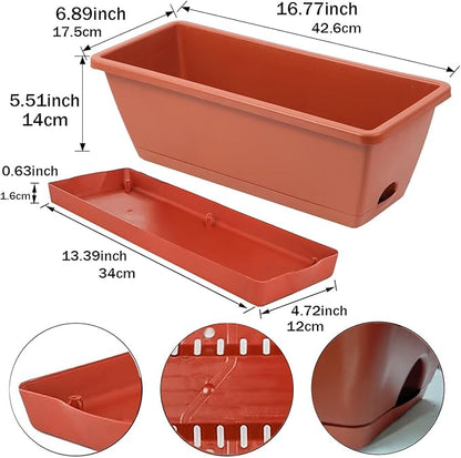 Sohapy 7 Pack Window Box Planter, 17 Inches Plastic Flower Vegetable Planters Boxes with Drainage Holes and Trays Rectangular Flower Pots for Indoor Outdoor Garden, Patio, Home Decor (7, Brick RED)