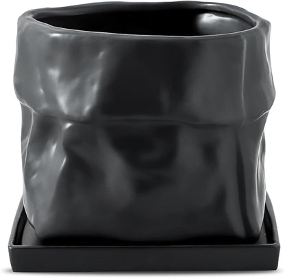 Nihow Ceramic Plant Pot: 8 Inch Planter with Drainage Hole & Square Saucer for Herbs/Plants, Bag Shape Design Flower Pot for Indoor & Outdoor Garden Decor - Black
