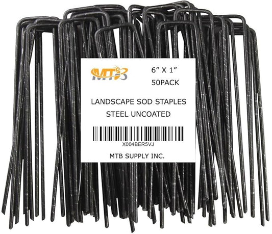 50 Pack 6x1 inch 11GA(0.12inch) Landscape Staples Garden Stakes Fence Netting Pins Ground Spikes Sod Cover Fabric Pegs Steel Uncoated