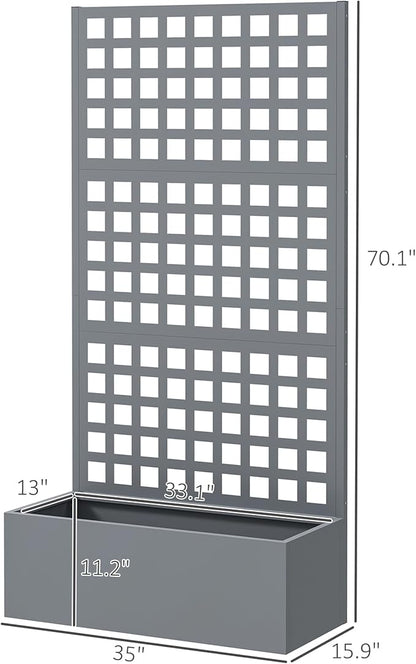 Outsunny Galvanized Raised Garden Bed with Trellis, Metal Planter Box with Drainage Holes, Outdoor Privacy Screen for Climbing Plants, Vegetable, Vines, 35" x 16" x 70", 2 Pack, Gray Wood Effect