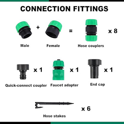 Customizable Soaker Hose System, 1/2inch 50ft Rubber Hose with 25ft PVC Garden Hose, Drip Irrigation Watering Hose with Reinforced Fittings for Flowers Bed Foundation, Lawn, Vegetable, Tree