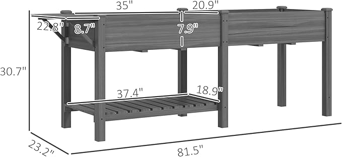 Outsunny Raised Garden Bed, Wood Elevated Planter Box with Side Table, Bottom Shelf, Outdoor Raised Planter with Bed Liners, Drainage Holes for Vegetable Flower, 81.5 x 23 x 31 in, Gray