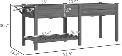 Outsunny Raised Garden Bed, Wood Elevated Planter Box with Side Table, Bottom Shelf, Outdoor Raised Planter with Bed Liners, Drainage Holes for Vegetable Flower, 81.5 x 23 x 31 in, Gray