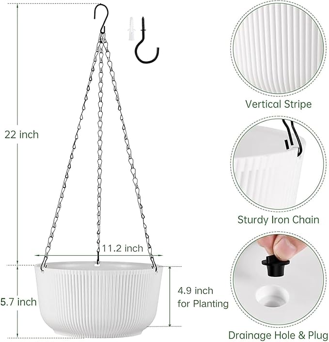 White Hanging Planters for Indoor Outdoor Plants, Set of 2 11.2 Inch Self-Watering Hanging Pots with Drainage Hole & Plug II Screw-in Hooks II