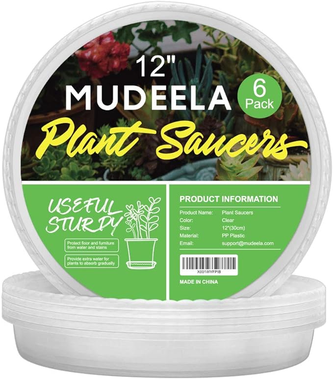 MUDEELA 6 Pack of 12 Inches Plant Saucers for Indoor, Durable Plastic Round Plant Tray Plant Dish Pant Plate to Catch Water for Flower and Plant Pot, Thicker, Stronger, Deeper, Clear