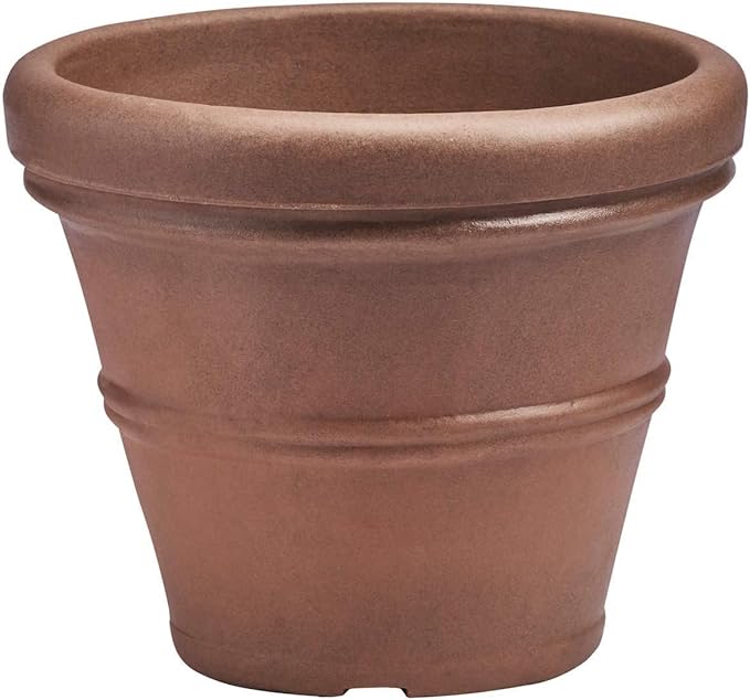 Crescent Garden Brunello Small Classic Rolled Rim Planter, Indoor/Outdoor Plastic Round Pot - Traditional Planter for Herbs, Plants, Houseplant -14''W (Rust)