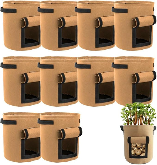 Potato Grow Bags, Thickened 300G Nonwoven Fabric Grow Bags with Handles, Grow Bag for Tomato, Vegetables, and Potatoes, Heavy Duty Planting Pots, Reusable Plant Grow Bags (10pcs Brown, 7 Gallon)