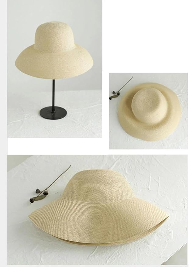 Wide-Brim Classic Elegant Style Foldable Straw Hat Women's Retro UV Resistant Sun Hats for Outdoor, Beach and Travel