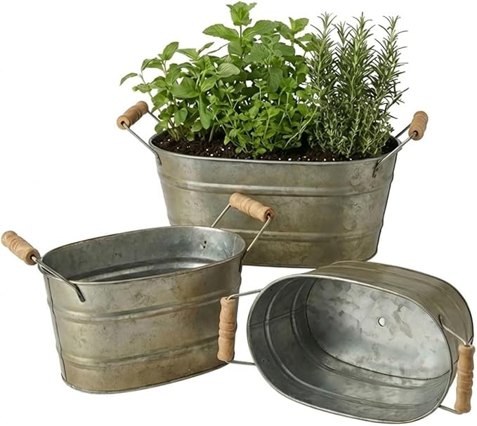 vensovo Galvanized Metal Oval Planter Buckets with Handles – Set of 3 Rustic Farmhouse Flower Tubs with Drain Holes & Plugs, Vintage Small Pots for Herbs, Succulents, Wedding or Tabletop Decor
