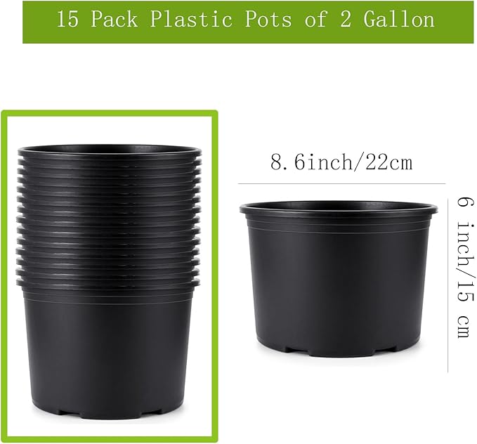 2 Gallon Plastic Nursery pots, 15 Pack 8.6 Inch Round Plant Pots with Drainage Holes, 8.6 Inch Planter Pots for Outdoor Indoor Plants, Flowers, Black