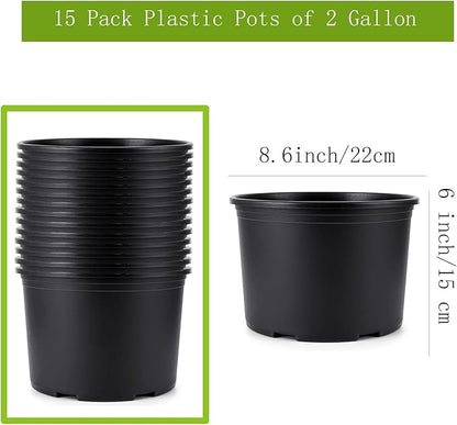 2 Gallon Plastic Nursery pots, 15 Pack 8.6 Inch Round Plant Pots with Drainage Holes, 8.6 Inch Planter Pots for Outdoor Indoor Plants, Flowers, Black