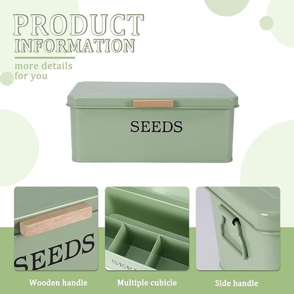 Seed Storage Organizer,Metal Seed Saving Box with Lid,4 Compartments Box with Safety Locks,Garden Supplies Container with 20 Plant Labels 50 Saving Envelopes 2 Marker Pens,Green