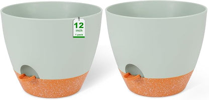 GARDIFE 12 inch planters, Plant Pots,Self Watering Pots, 2 Pack Large Plastic Flower pots with Deep Reservior and High Drainage Holes for Indoor Outdoor Plants and Flowers, Green