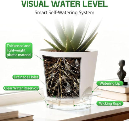 Self Watering Pots for Plants, 2026 New Flower Plant Pots with Drainage Holes, Wicking and Clear Reservoirs for Succulent, Aloe, Cacti and Others - 6 Pack (White, 4")