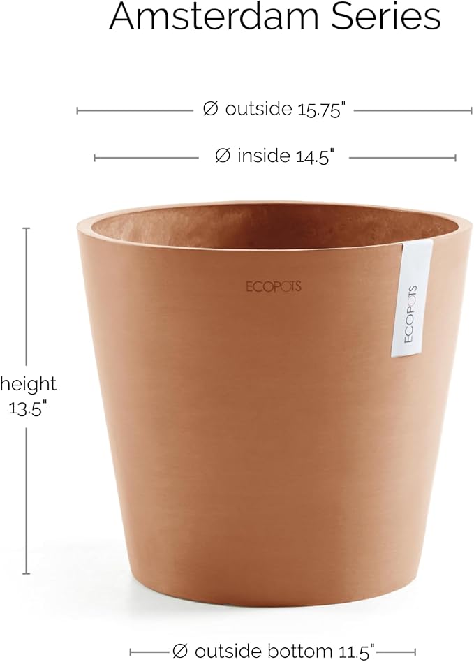 Ecopots Amsterdam Durable Modern Round Indoor/Outdoor Recycled-Based Composite Flower Pot Planter, Terracotta Color, 16"