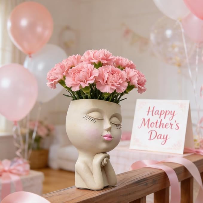 Face Head Planter, Funny Heads Plant Pots, Cute Girl Faces Plant Pot, Decorative Flower Pots, Cute Succulent Pots with Drainage for Home Garden Decor, Plant Lover's Gifts for Women (7" Khaki)
