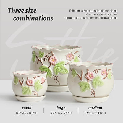Ceramic Plant Pots with Drainage Holes and Saucers, Round Flower Pots for Indoor Plant, 3.9/5.2/6.7 Inches Small Flower Planters Set of 3