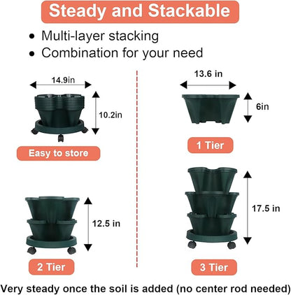 GameXcel Vertical Planter 3 Tier Stackable Planters Garden Planters Strawberry Herb Flower and Vegetable Planter Indoor Outdoor Gardening Pots with Removable Wheels and Tools