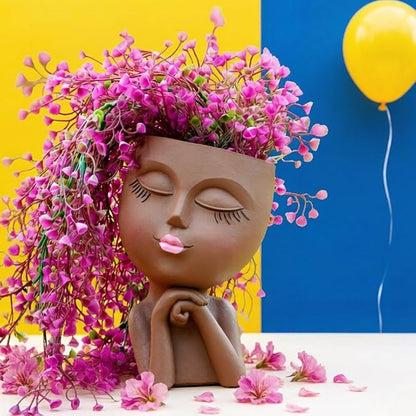 Face Flower Pot Head Planter, Girl Heads Flowerpot, Lady Faces Plant Pot, Female Bust Statue Succulent Pots with Drainage Hole for Indoor Outdoor Plants, Modern Human Art Vase(7" Brown)