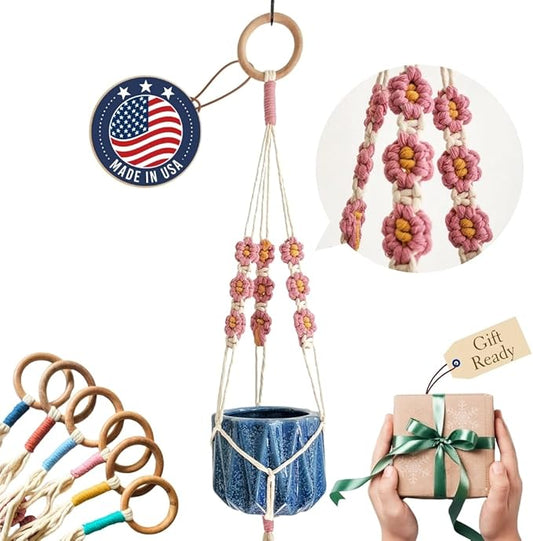 Macrame plant hanger with Daisies | Hanging plant holder | Macrame Plant hangers outdoor and indoor hanging planters Plant stand indoor Boho Decor hanging planter stand/plant shelf (Champagne Pink)
