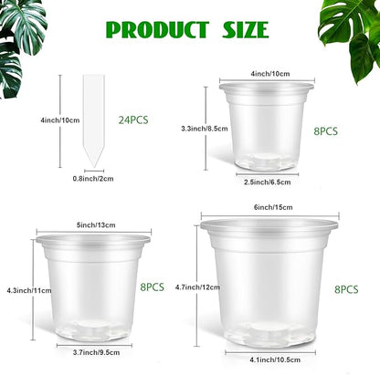 24 Pack 4/5/6" Planters for Indoor Plants,Clear Nursery Pots with Drainage, Nursery Pots for Planting,High Transparency Plastic Flower Pots with 24 Labels