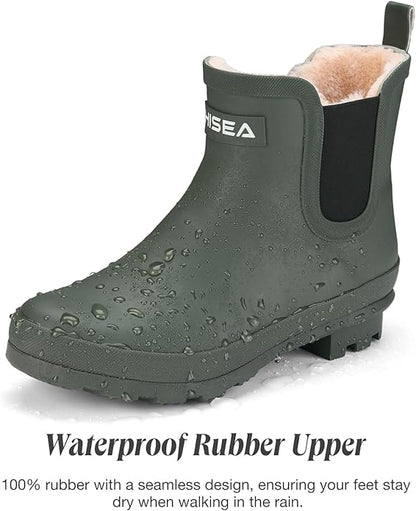 HISEA Women's Plush Rain Boots Waterproof, Chelsea Rubber Booties Women, Ladies Ankle Snow Boots for Winter Spring Garden Outdoor