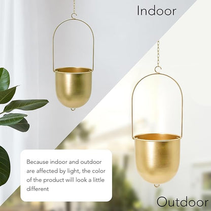 Boho Hanging Planter, Set of 2 Gold Metal Plant Hanger with Hooks and Chains, Modern Wall & Ceiling Planters Outdoor/Indoor Hanging Planter for Window, Porch, Balcony and Home Décor